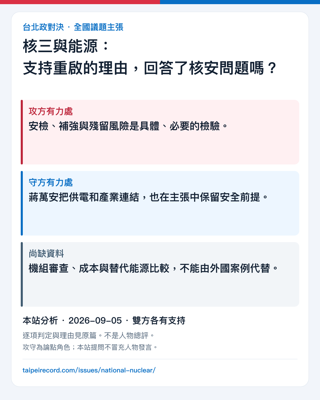 核三與能源：支持重啟的理由，回答了核安問題嗎？：攻方有力處、守方有力處與尚缺資料
